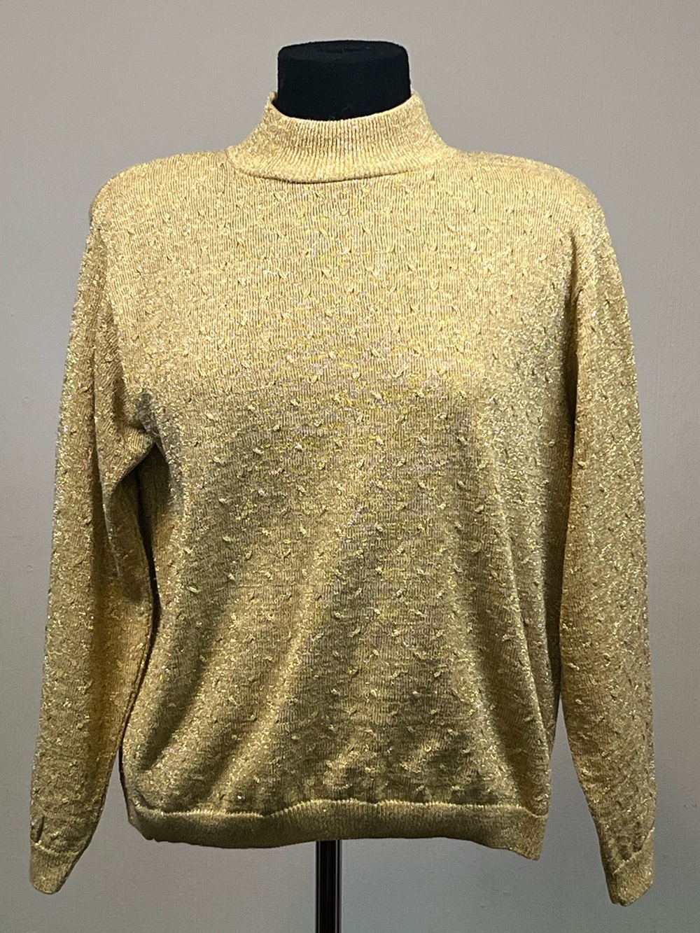 Vintage Alfred Dunner Gold Lurex Turtleneck Sweater Petite L Made in USA